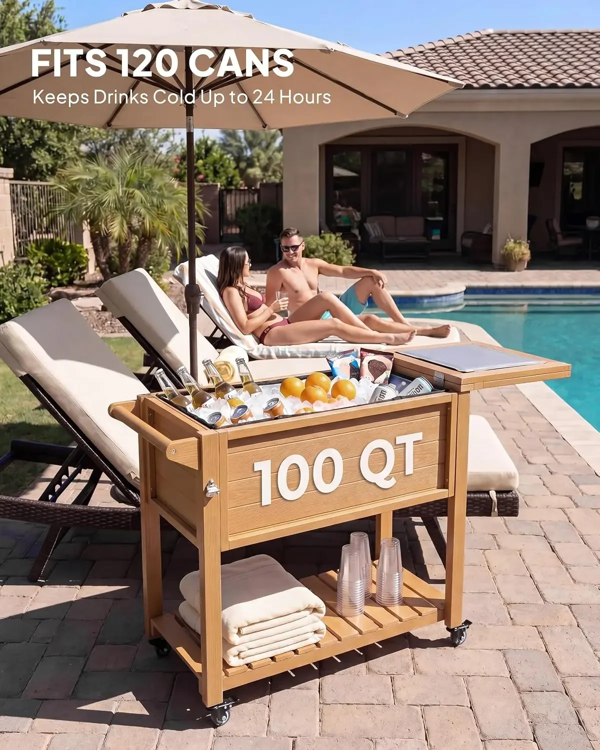 100 Qt Rolling Cooler Cart on Wheels, Wood-Grain Patio Cooler | HIPS poly lumber, 24-hr cooling, dual folding lid, drain plug
