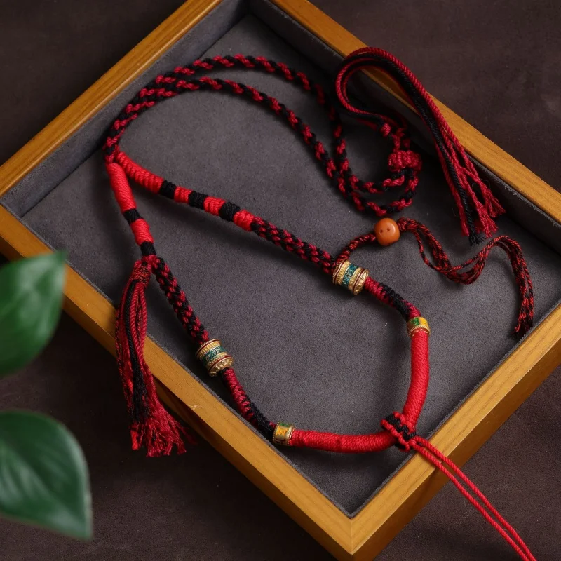 Tibetan Hand Rub Cotton String Necklace Rope Beeswax Thangka Amulet Pendant Rope Ethnic Style Handmade Braid Rope High-End Lanya