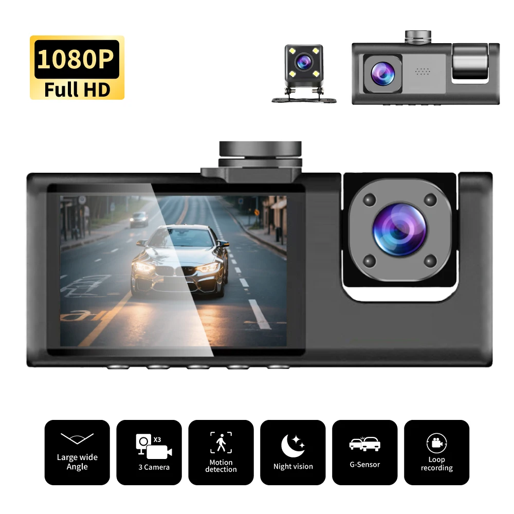 Cámara de salpicadero de 3 canales para coches grabadora de vídeo HD 1080P 3 Lnes cámara de visión trasera interior frontal grabación en bucle de visión nocturna negro B