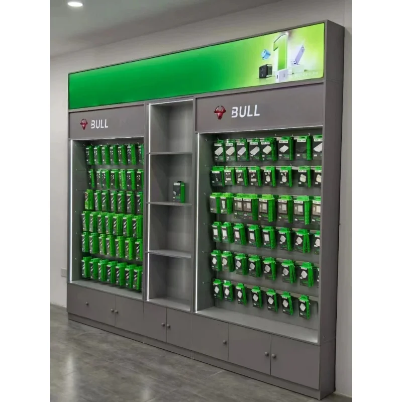 custom.Custom Modern Mobile Phone Accessories Wood Display Cabinet Data Cables & Mobile Power Light Duty