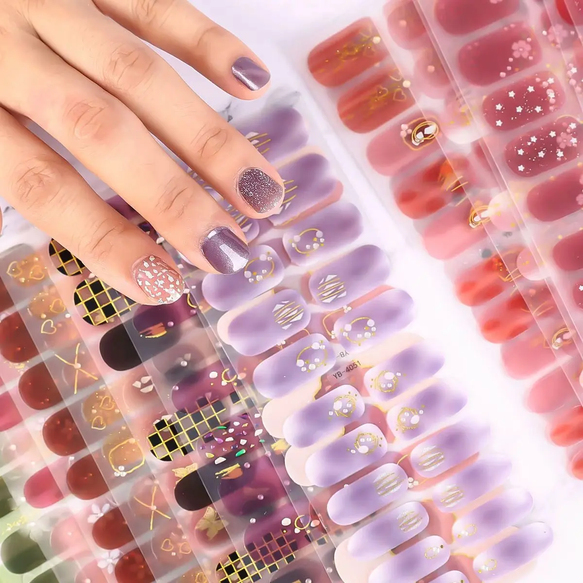 22Tipsセミキュアジェルネイルステッカー ピュアカラー ポリッシュラップ 長持ち フルカバージェル ギフトネイルキット