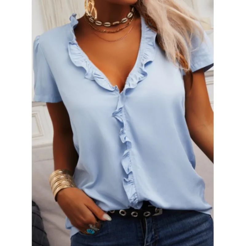 Elegant Light Blue Loose Shirt 2025 Summer Solid Color Ruffle Shirt Women's Top Short Sleeve blusas Office Lady Pullover Blouse