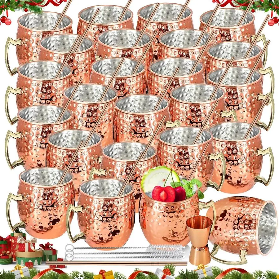

Mule Mugs Set of 24 Packs Copper Mule Mugs 18oz Bulk Large Hammered Stainless Steel Cups with Handle 1pcs 0.5oz Double Jigger 24
