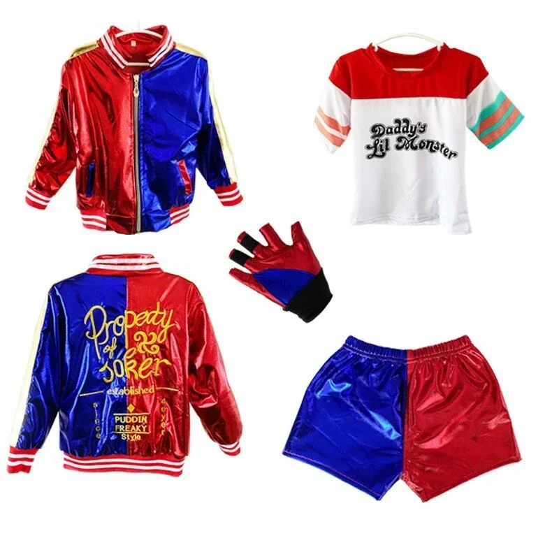 Harley Costumes Cosplay Carnival Suicide Alerquina Quinn Squad Costumes Kids Girls T Shirt Jacket Suit With Wig Gloves