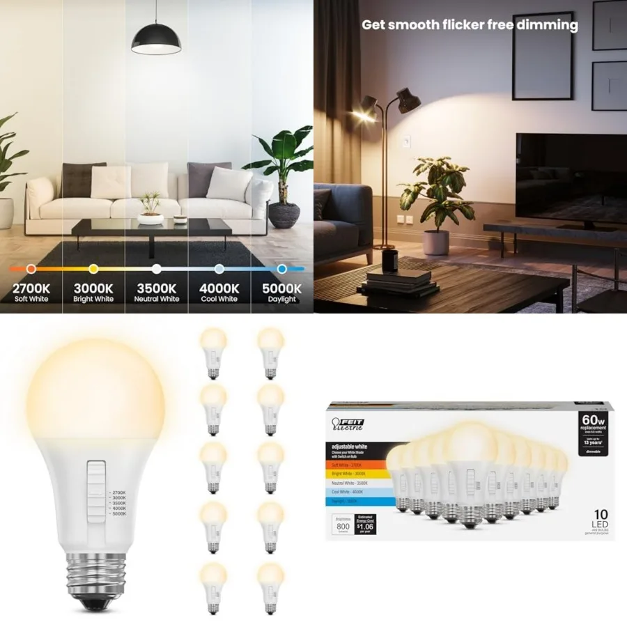 A19 LED Light Bulb, 60W Replacement,,Selectable Color Temperatures 2700K-5000K,800 Lumens, General Purpose Light Bulbs, 15, 000