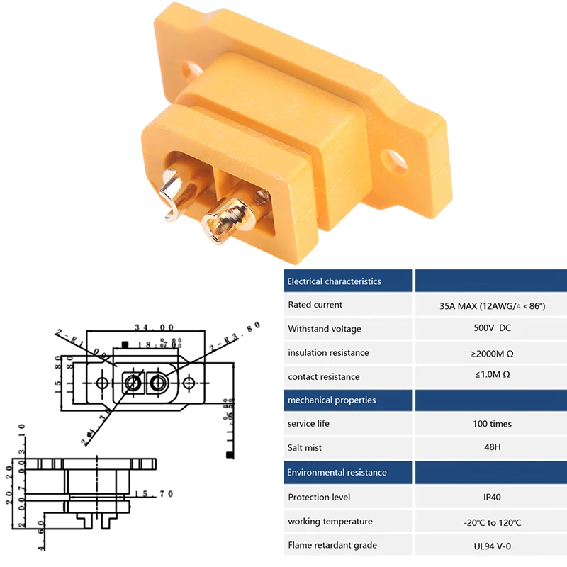 Enchufe hembra chapado en oro, adaptador de conexión de batería de alimentación, XT60E-F XT60 XT 60 DC500V 30A-60A, lote de 2 unidades, nuevo