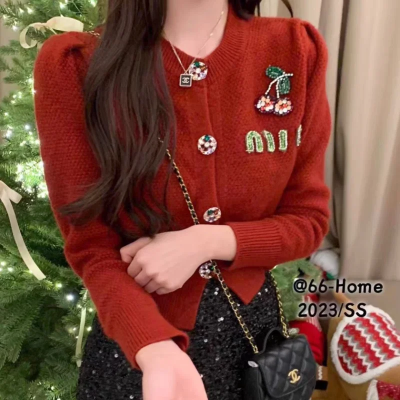 Chic Color Diamond Button Elegant Cardigan Sweater Sweet Women Winter Tops Christmas Red Cute Cherry Embroidery Coat Lovely Girl