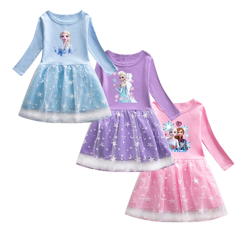 2025 Spring Baby Frozen Elsa Dresses for Girls Long Sleeve Dress for Children Clothing Party Mesh Dress Girls Elegant Dresses