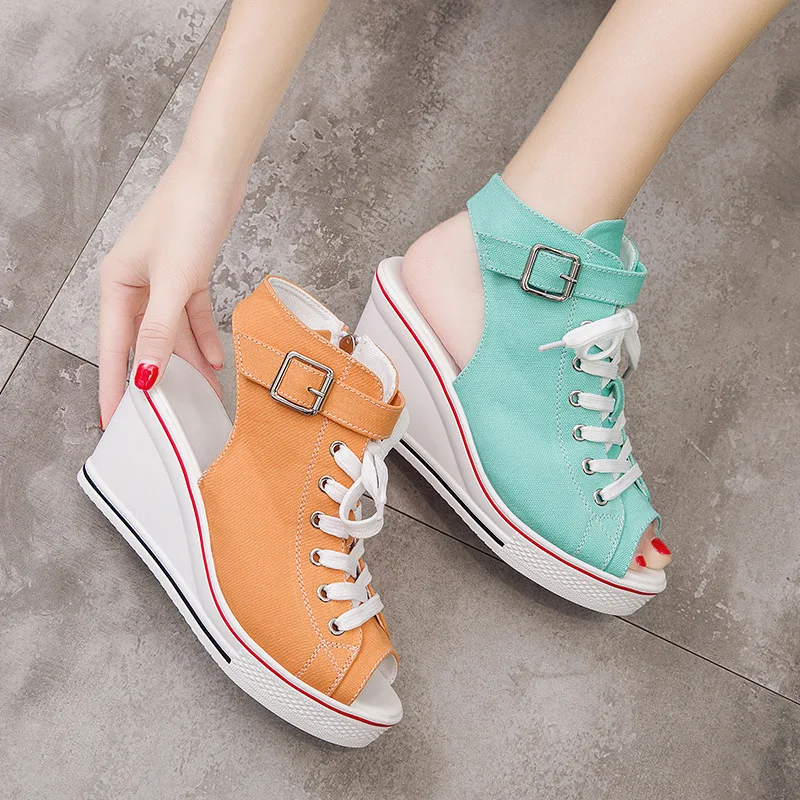 

Spring and summer new round toe fishbill open toe hollow high-top canvas sandals casual large size slope high-heeled women shoes