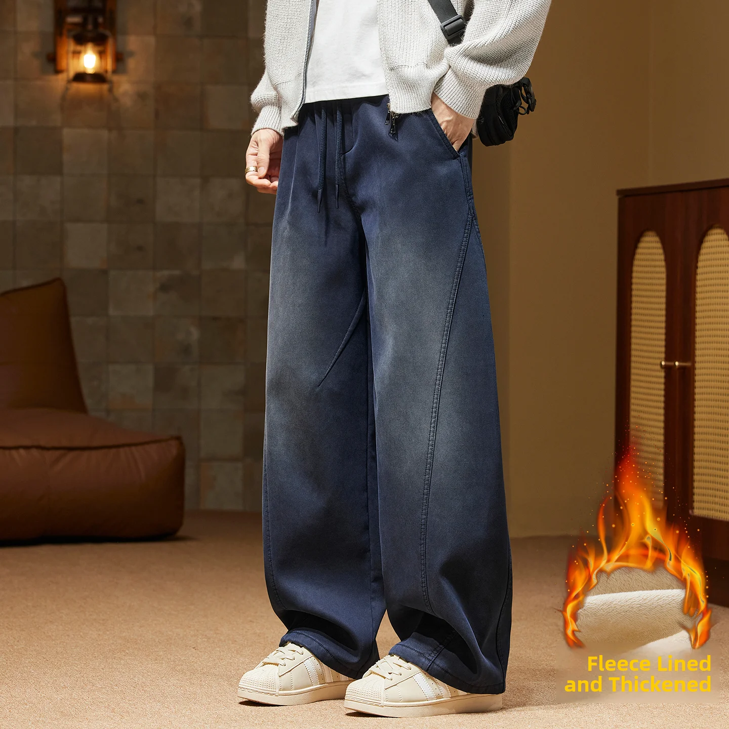 

Мужские зимние джинсы American Sle Fce, прямые, свободного кроя, с начесом, повседневные, новая модная коллекция, бренд High Street