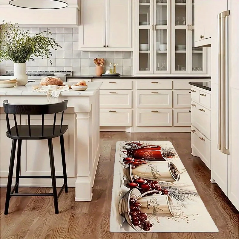 VIKAMA Autumn-Themed Decor Kitchen & Bathroom Floor Mats With Warm Candle Design, Flannel Rug for Entryway, Dining Area Carpet