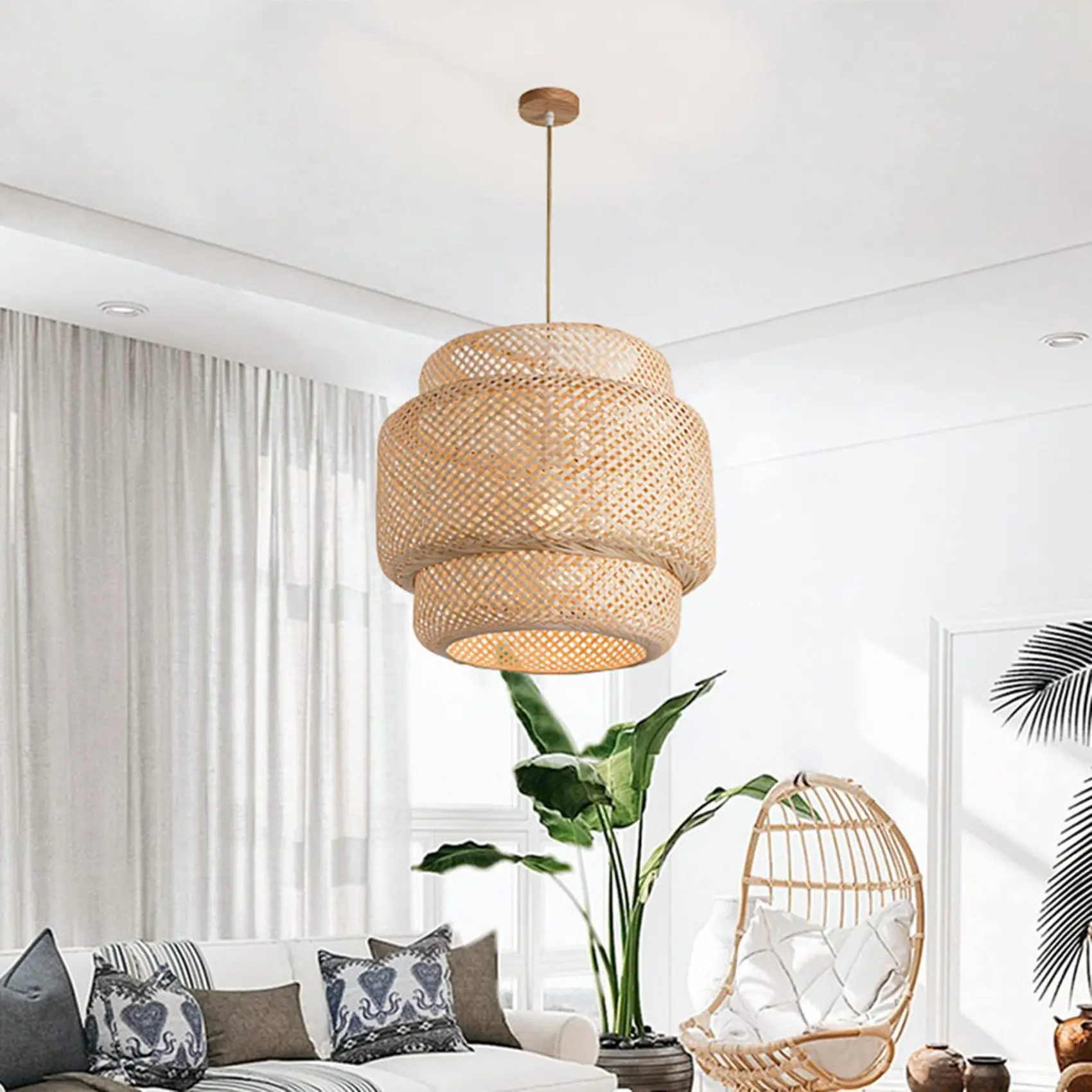 Pendant Light Ceiling Retro Hanging Cafe Lights Loft Japanese Style Hand Weaved Bamboo Woven Lampshade for Teahouse B