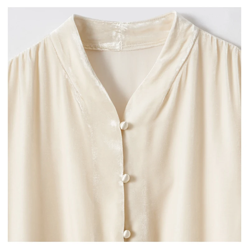 เสื้อเชิ้ตผู้หญิงผ้าไหมกำมะหยี่หรูหรา 100% แขนยาว คอตั้ง สไตล์ฝรั่งเศส สวยสง่า เนื้อผ้านุ่มละมุน อ่อนโยนต่อผิว