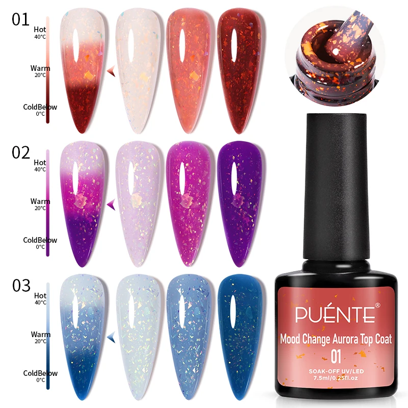 PUENTE Mood Change Aurora Top Coat Gel Nagellak Temperatuur Kleur Veranderende Glitter Nagelgel Losweken Semi-Permanente Vernis