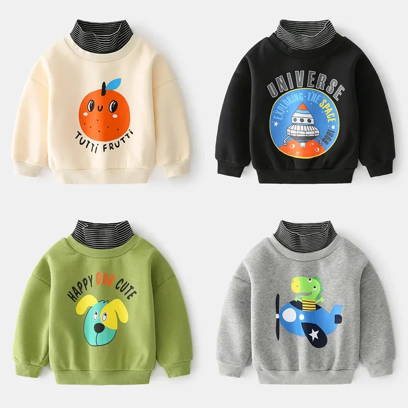 Turtle Neck Fleece Lining Sweatshirts for Boys Cotton Winter Warm Tops Kids Long Sleeve T-shirts Children's Clothes