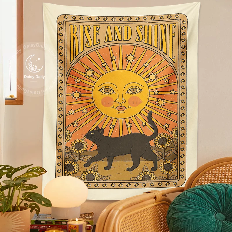 Rise and Shine Tarot Cat Tapestry Sun Cat Vintage Wall Hanging Witchcraft Divination Boho Hippie Phycadelic Aesthetic Room Decor