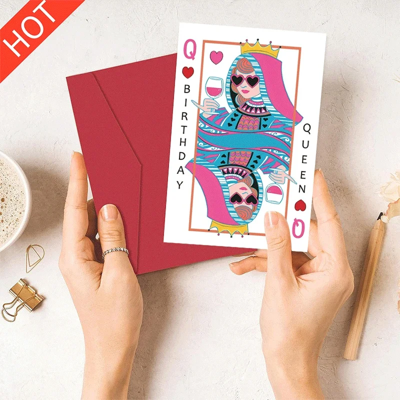 

Birthday Queen Playing Card Style Greeting Card, Heart Pattern Wine Themed Birthday Card for Her