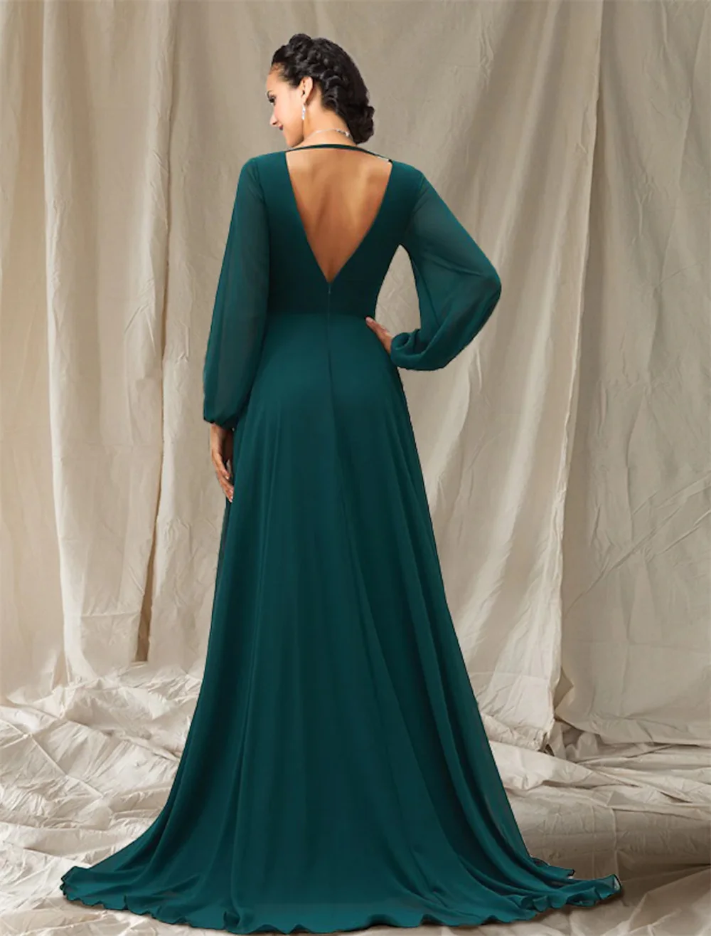 A-Line Bridesmaid Dress V Neck Long Sleeve Sexy Sweep Brush Train Chiffon with Solid Color 2022 Open Back vestido de noiva