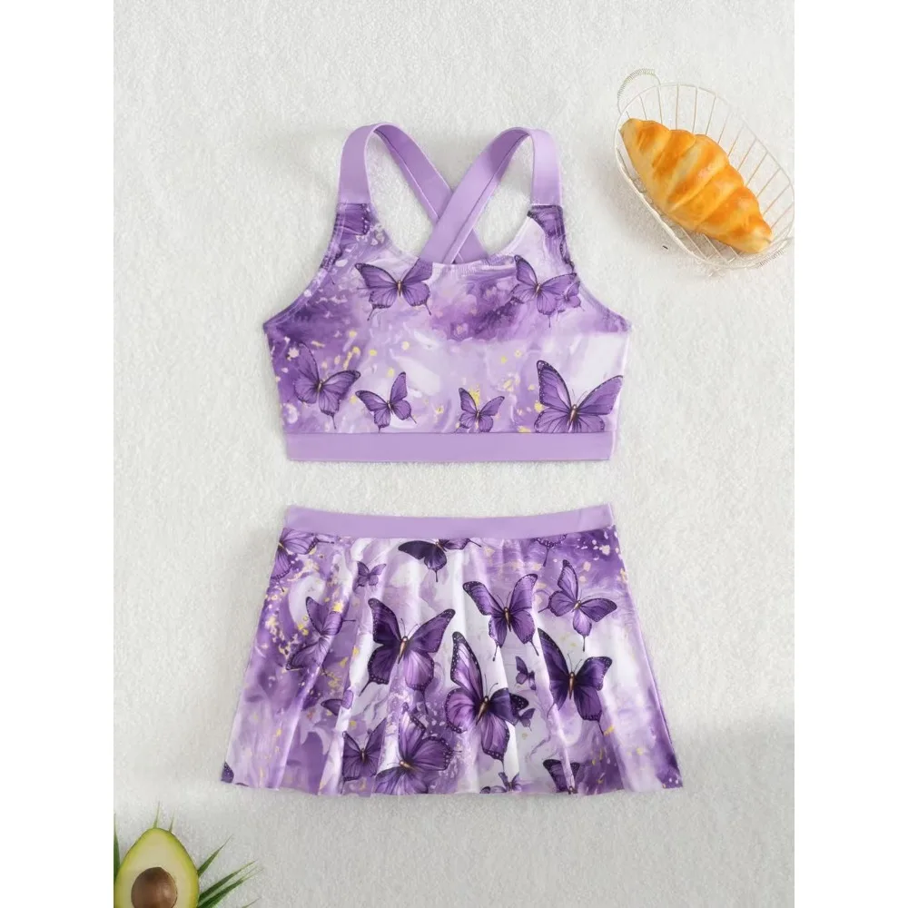 

Girls Kids Swimwear Beach Wear Children Two Pieces Swimsuit 7-12 Years Butterfly High Waisted Bikini Skirts Teens Bathing Suit