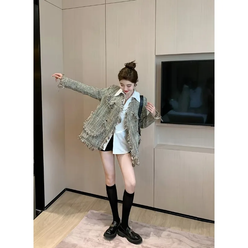 Insozkdg-Blazer à manches longues et col en V pour femme, veste en tweed assressenti, manteau à franges, vêtements de haute qualité, printemps et automne