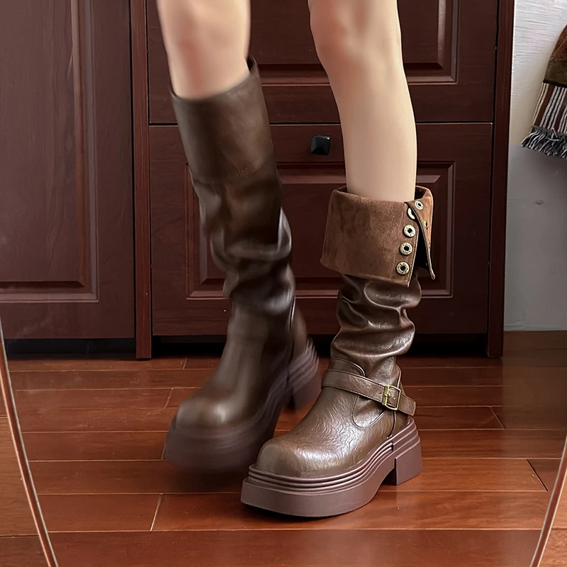 Autumn Winter Platform Thick Bottom Women Long Boots Fashion Slip On Shoes Vintage Ladies Knight Botas