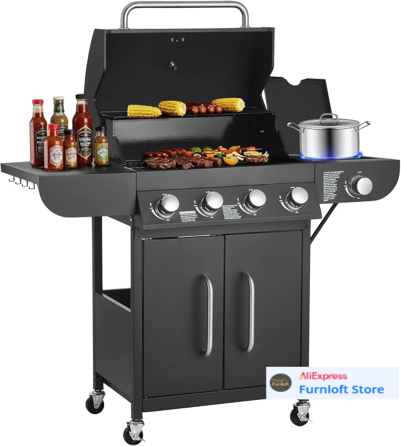 

Gas Grill, 4 Burner Propane Gas Grill with Side Burner, 425 SQ.In Grilling Area, Carbon Steel Enamel Grates, Outdoor 52,000