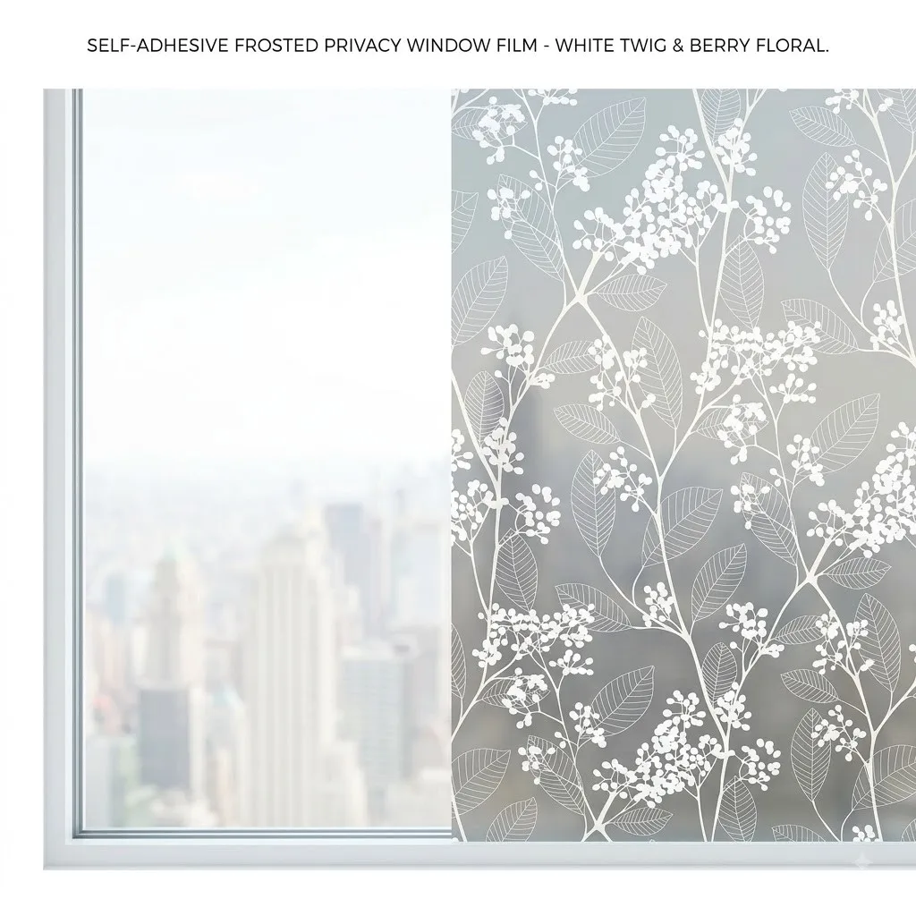 Removable Self‑Adhesive Window Film White Twig Green Leaf Berry Flower Pattern Frosted Glass Sticker Anti‑Peeping for Bathroom B