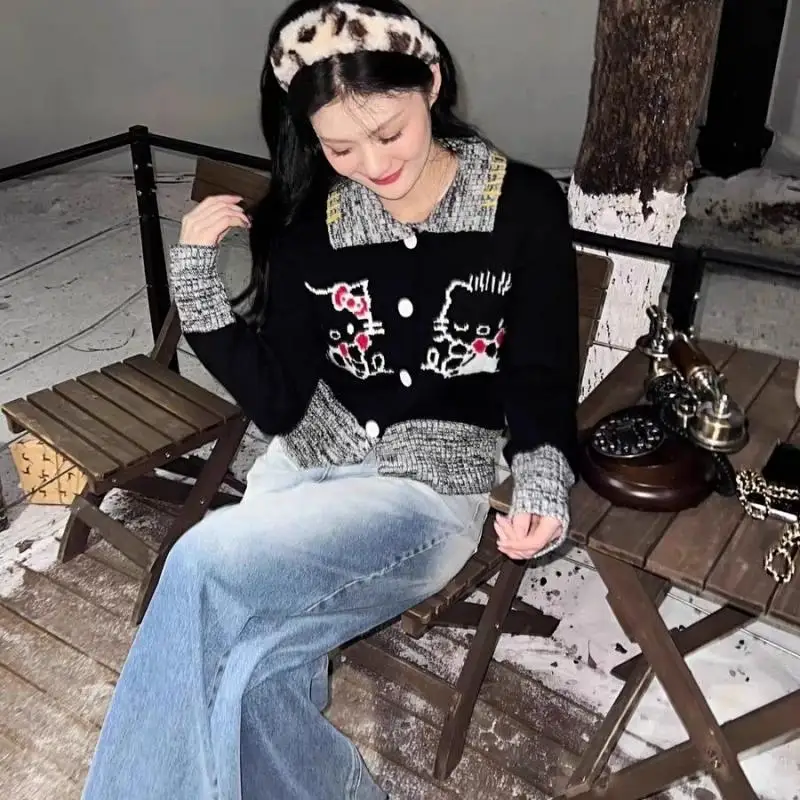 

Sanrio Kawaii Hello Kitty Spring Cartoon Sweater Jacket College Style Fit Versatile Top Trendy Korean Version Casual Sweater