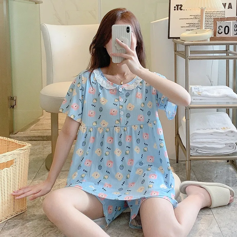 150kg Extra Large Cartoon Pajama Set Women Summer Short Sleeve Top & Elastic Shorts Korean Sweet Loose Sleepwear Home Clothes