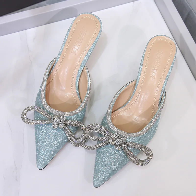 Spring And Summer Of 2024, The New Rhinestone Bow Pointed Half Slippers, Satin Thin Heels And High-Heeled Sandals And Slippers.