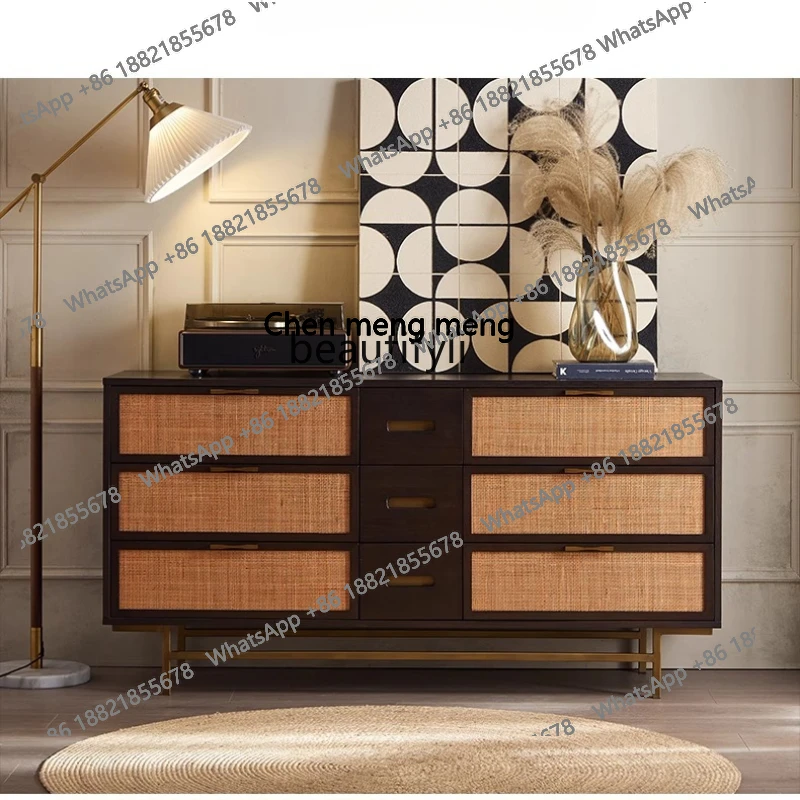 

Modern simple medieval retro old wabi-sabi wind solid wood oak rattan six-chest cabinet, entrance entrance side cabinet H H