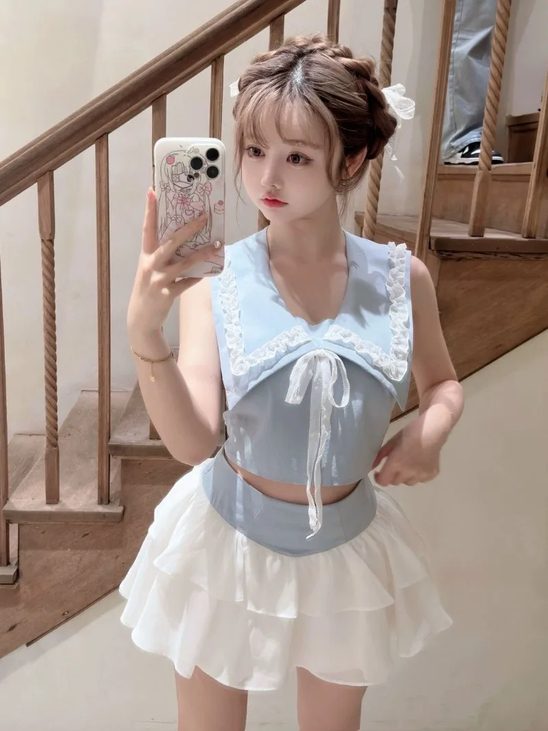 

Lolita Girl Sailor Collar Backless Pure Desire Tied Bow Top+contrasting Fluffy Cake Skirt Sets Kawaii Cute Girl Two Piece Sets