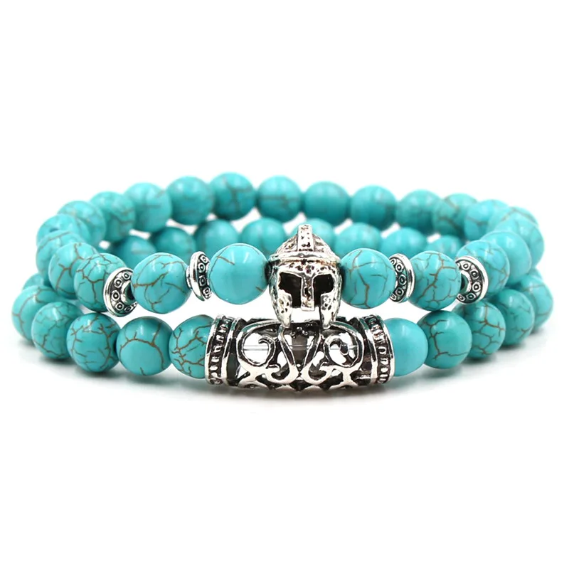 Fashion Natural Hand String Alloy Lion Buddha Skull Stone Bead Energy Turquoise Elastic Handmade Bracelet Set Jewelry Women Men