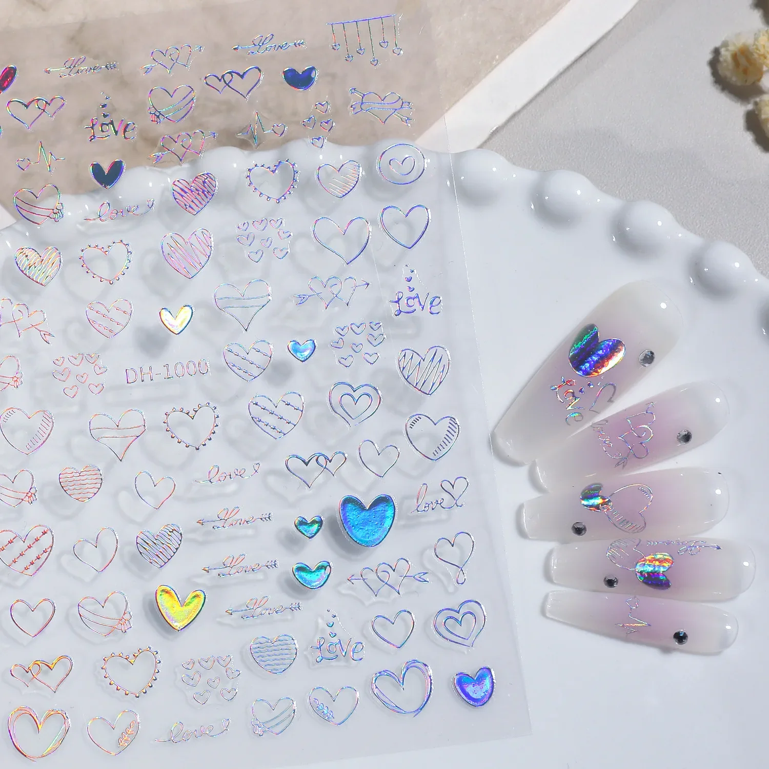 1 Set Flat Hollow Graffiti Heart Nail Stickers Hand-drawn Laser Love DIY Manicure Nail Decor Ornaments