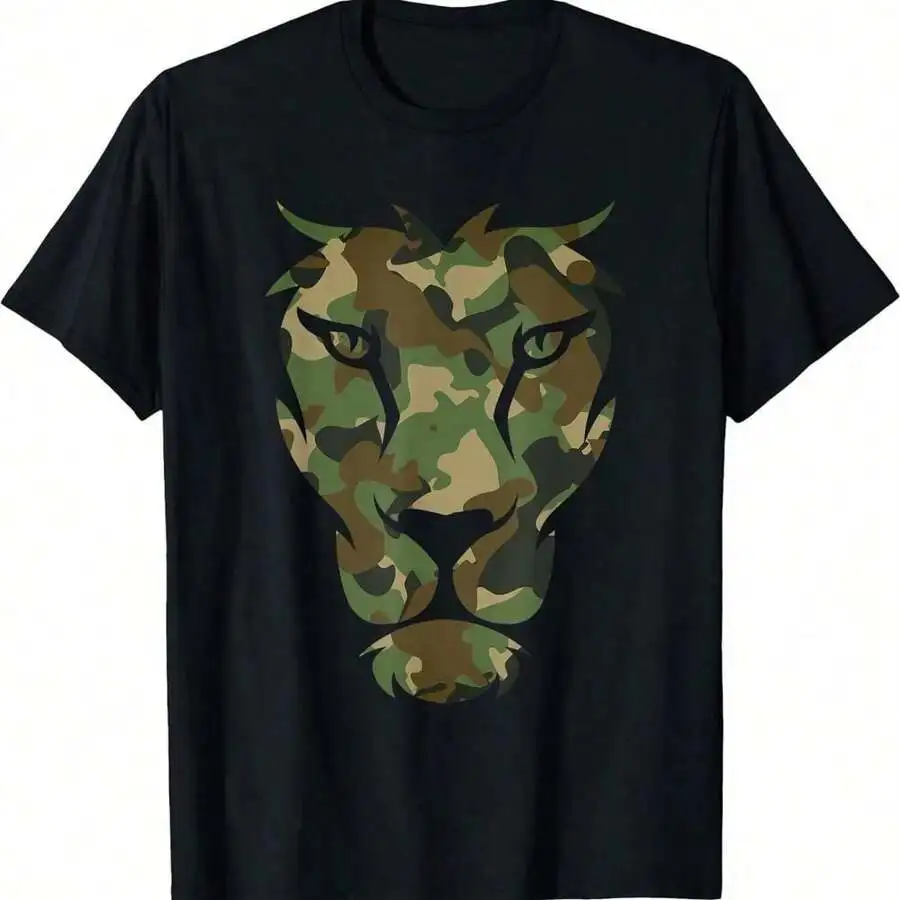 Men's Camo Lion Head Print Short Sleeve T-Shirt, 100% Cotton Casual Graphic Tee For Outdoor Perfect Father's Day Gift Military C