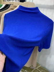 Klein Blue Fashion Woman Blouses 2024 Women's Tee Shirt Short Sleeve Solid Color Slim SkinnyHalf-neck Knitted Shirts Tops Women