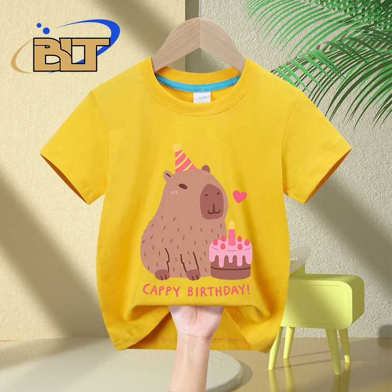 Cute Capybara And Cake, Happy Cappy Birthday printed kids T-shirt summer pure cotton short sleeves for boys and girls