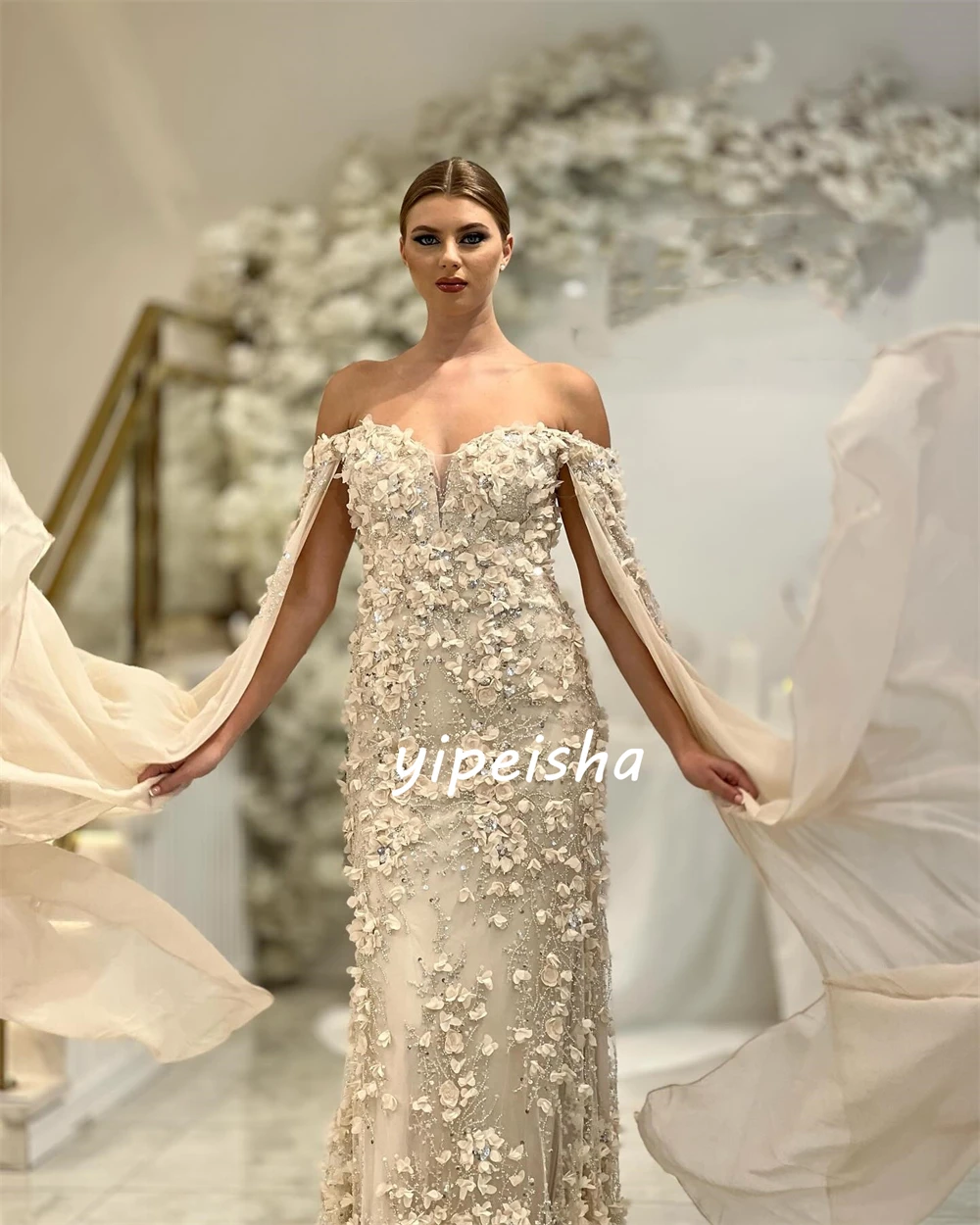 Organza Applique Bloem Kralen Strass Strass Valentijnsdag A-Line Off-The-Shoulder Op Maat Gemaakte Gelegenheidsjurk Lange Jurken