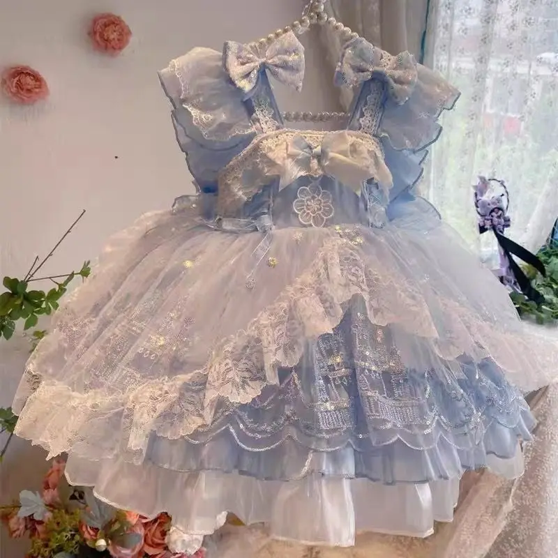 Baby Girls Summer Sweet Lolita Lace Floral Princess Ball Gown Lace Cake Layed Backless Sundress Birthday Holiday Party Children