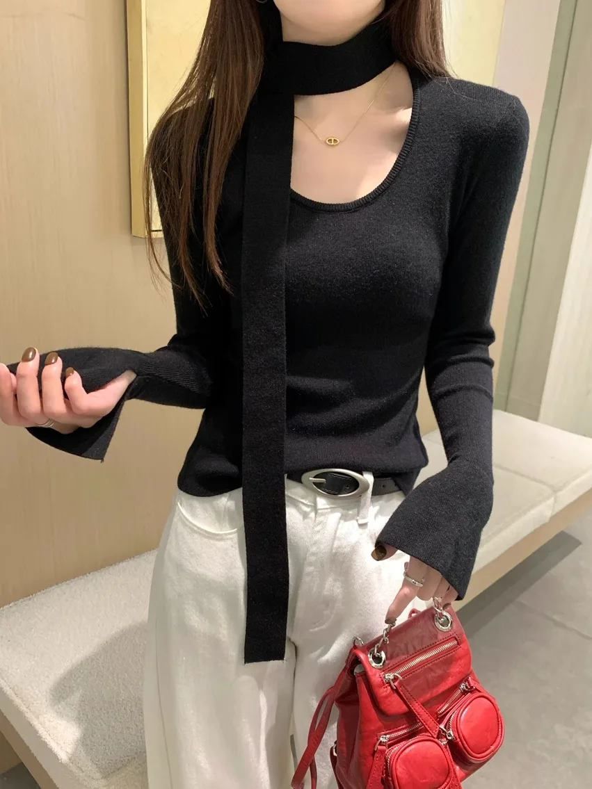 Kumikumi Casual Gentle Sle U-Shaped Collar Long sleeve Knit Women Winter Gray Ribbon Slim fit All-Match Top