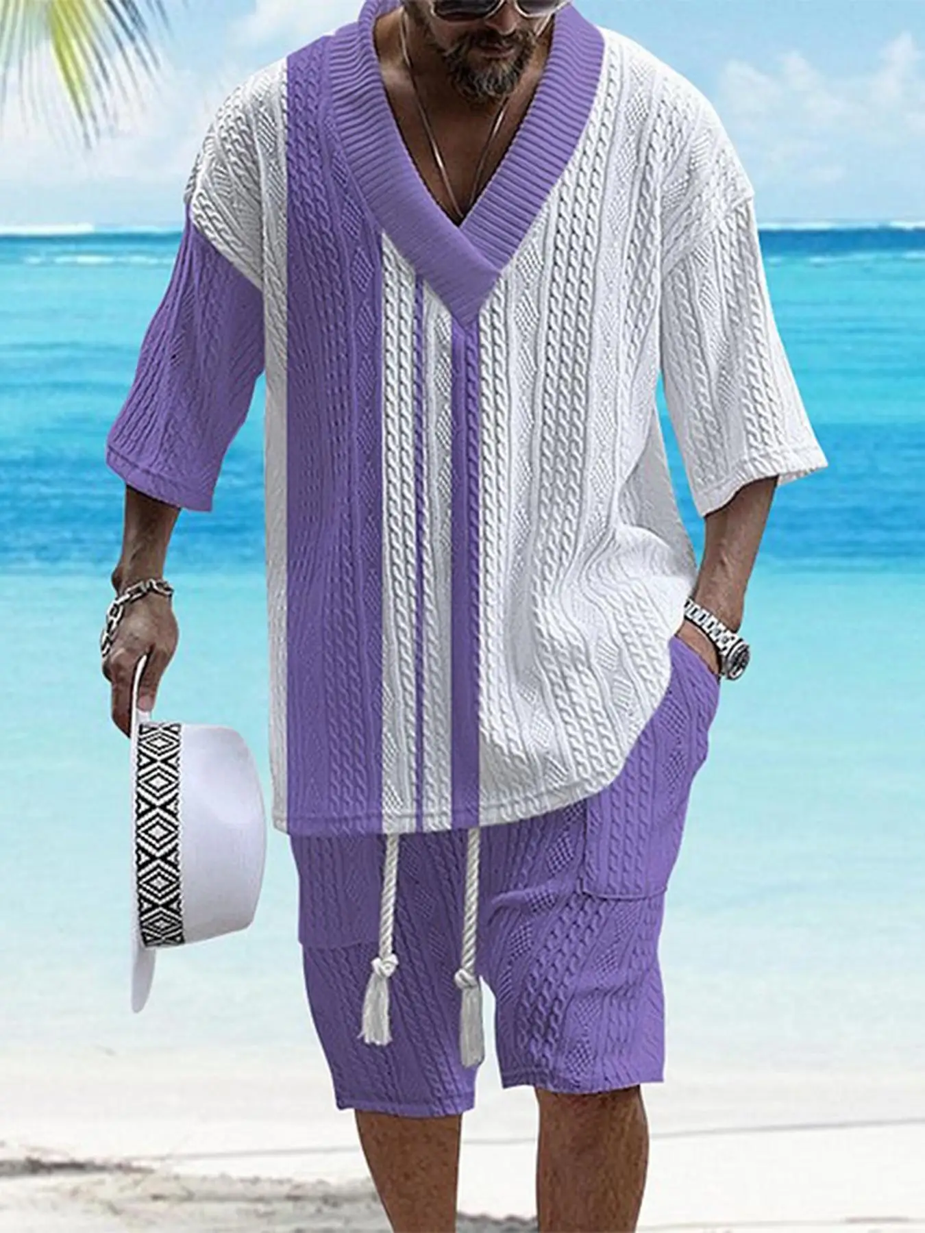 

2025 New Style Casual Jacquard Set for Men, Summer Loose Short Sleeve Knit Top and Shorts, V-Neck Sport Set, Two-Piece Outfit
