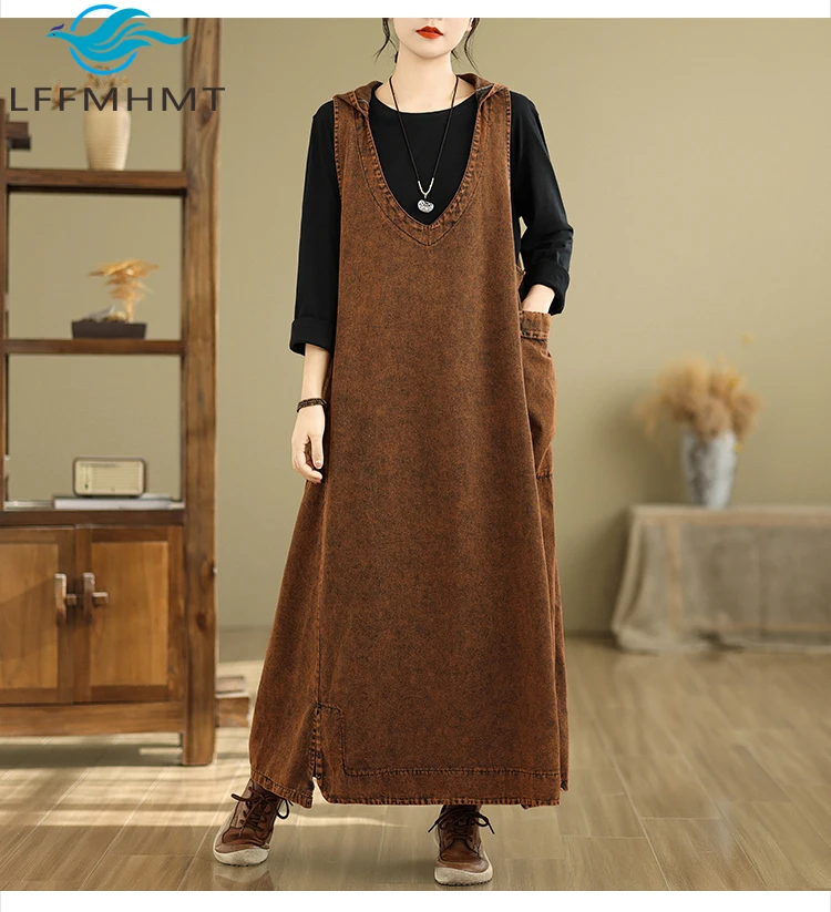 

Весеннее повседневное модное женское джинсовое платье без рукавов с одним карманом, свободное повседневное платье с v-образным вырезом, свободный крой, шикарные платья трапециевидной формы с капюшоном