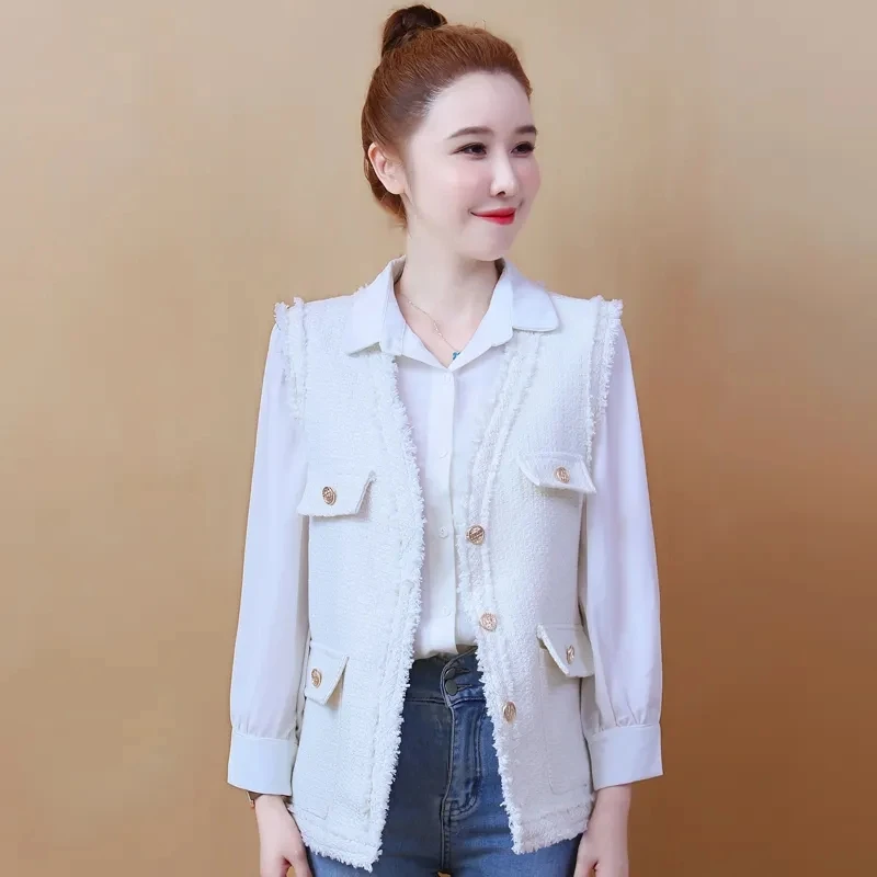 Fashion Rough Flowers Woolen Vest For Women 2024 Spring Autumn New Loose Elegant Casual Sleeveless Woolen Jacket Yellow White