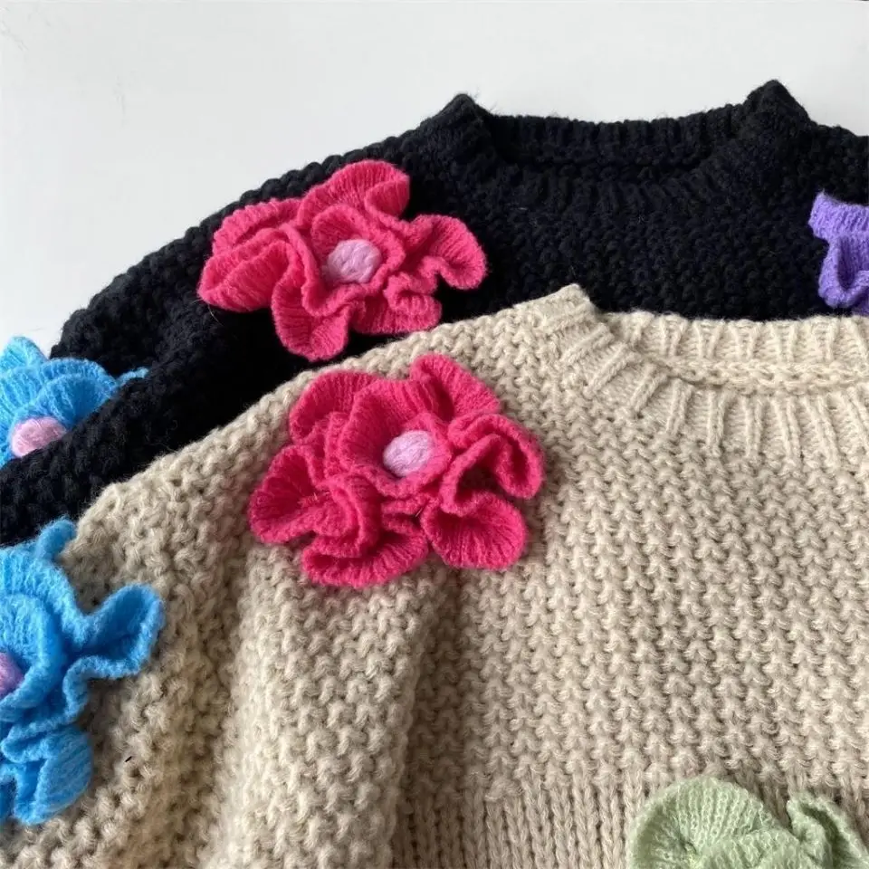 Chic Woman Floral Crocheted Sweater Handmade Hooked 3D Flowers Pullover Loose Knitted Shirts Crop Tops Jumper Sueter Knitwear