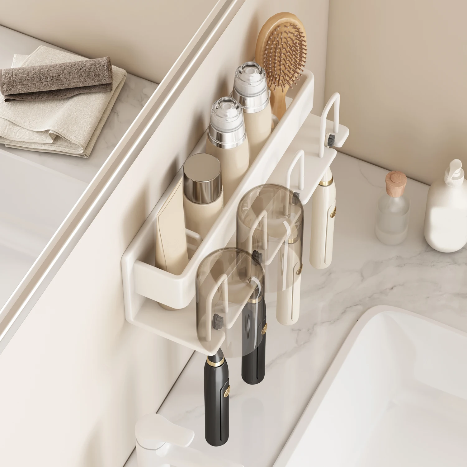 Metal Toothbrush Rack Multi-Function Toothbrush Holder Punch-Free Toothpaste Holder Wall-Mounted Bathroom Storage Box white