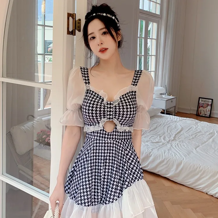 Maillot de bain une pièce pied-de-poule, jupe pour femmes, Style conservateur et Slim