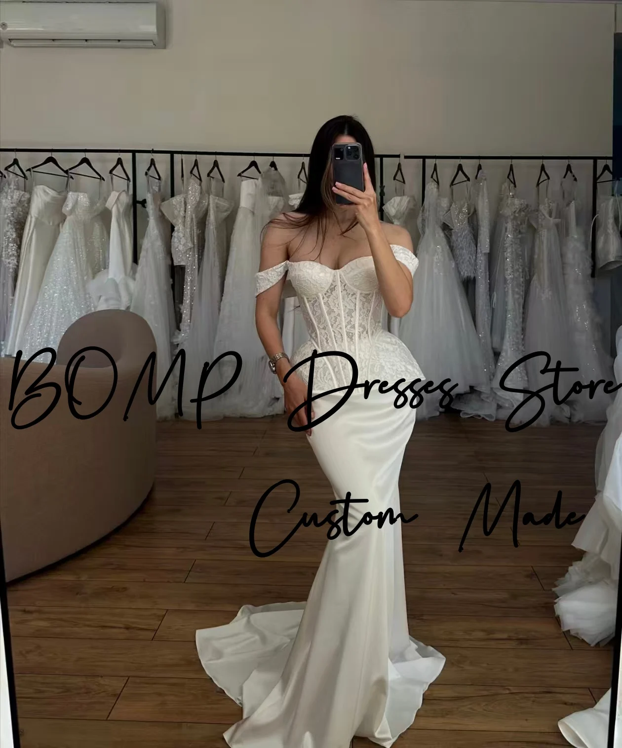 BOMP elegante witte avondjurken off-shoulder kanten korset zeemeermin sweep trein ivoor satijnen bruiloft feestjurk op maat