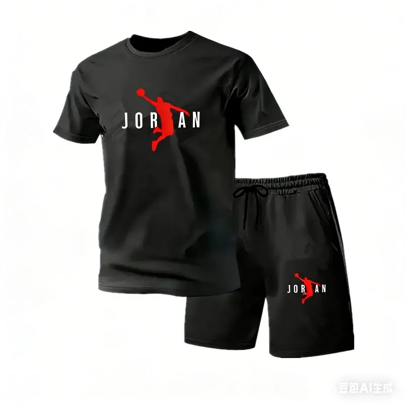 

2026 New Jordan Style Men's 2 Piece Set Summer Black Short Sleeve T Shirt Shorts Casual Sports Tracksuits Plus Size S-4XL