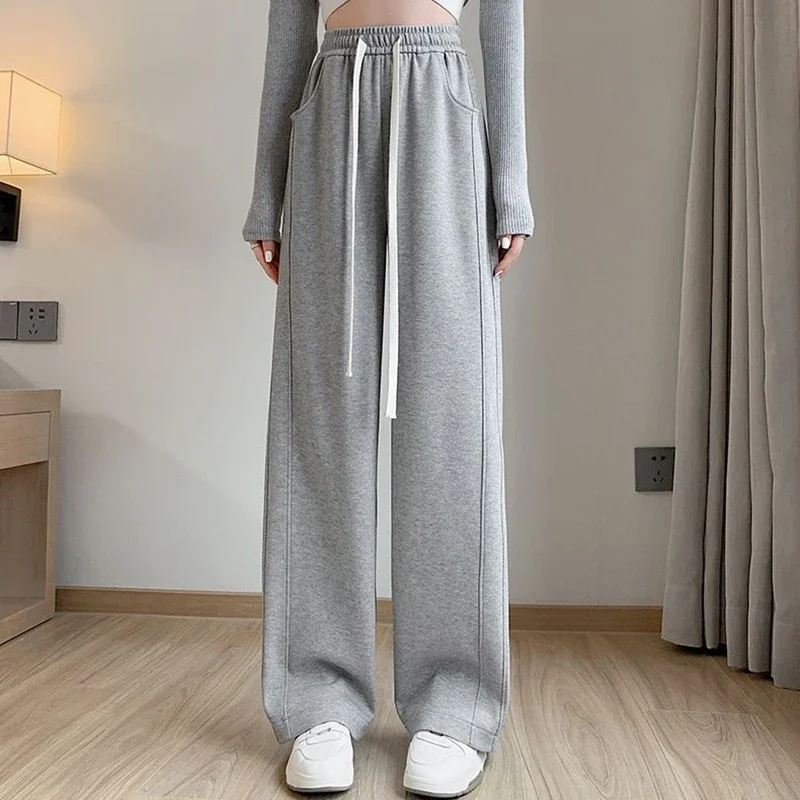 Women High Waisted Leisure Loose Pants Girls Casual Straight Leg Slacks Female Baggy Light Grey Khaki Beige Black Trousers view 2