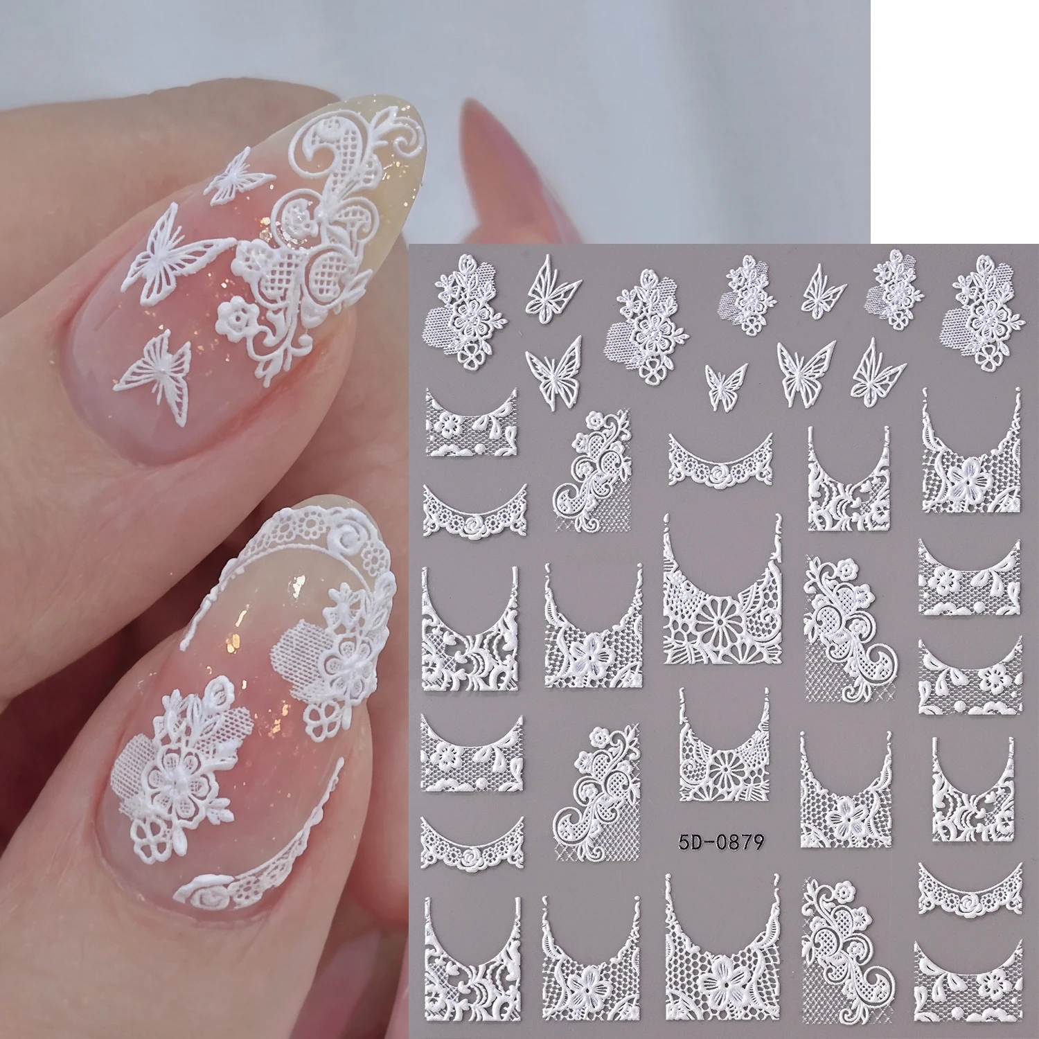 1Pcs White French Lace Flower Butterfly Nail Stickers Delicate Floral Border Nails Decals for Bridal Wedding DIY Manicure Decor